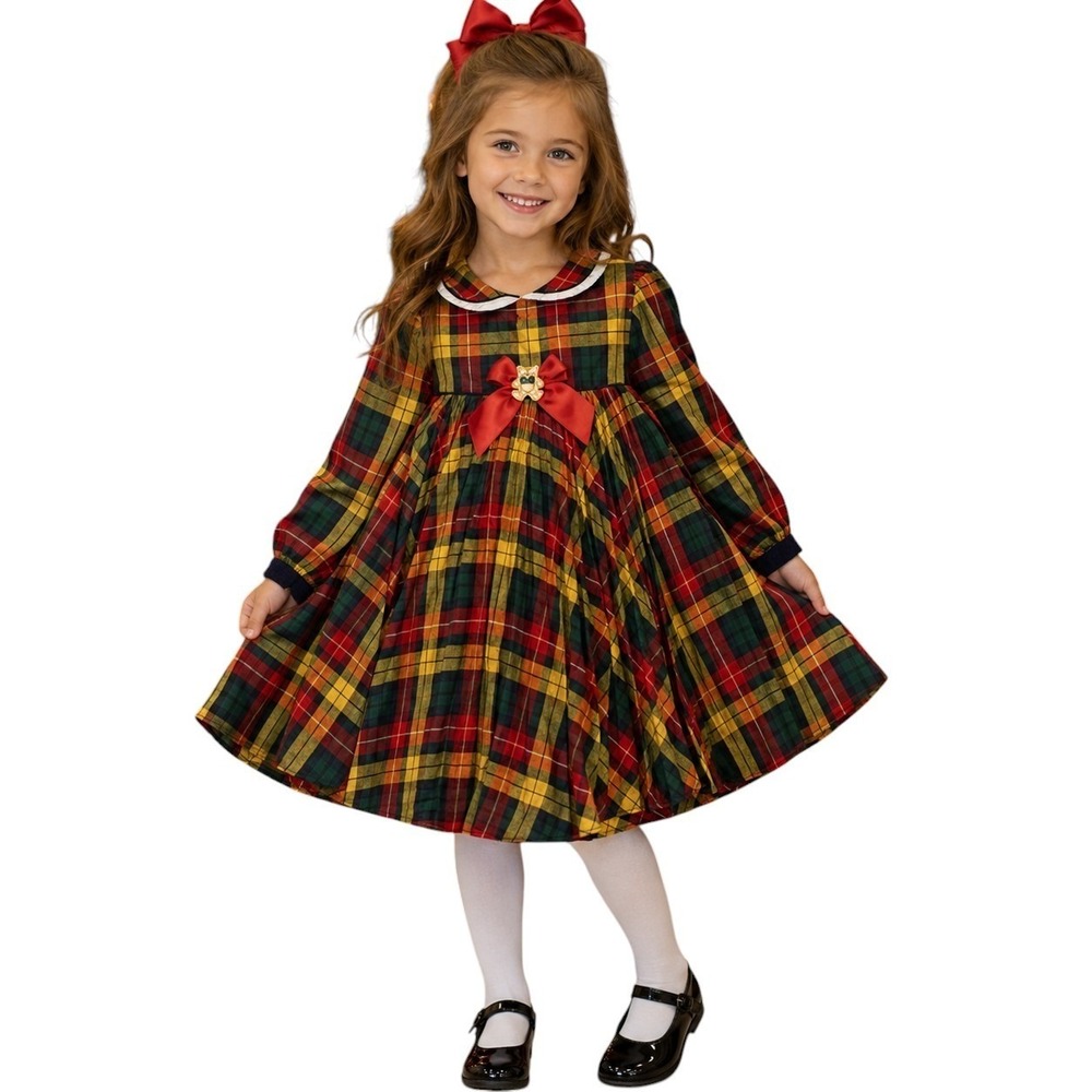 90's B.T. Kids Dress Girls 6 Multi-Color Plaid Holiday Peter Pan Collar Bow Sz 6